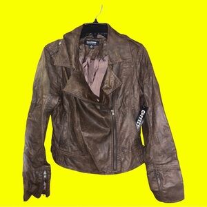 NET- brown faux leather distressed moto jacket